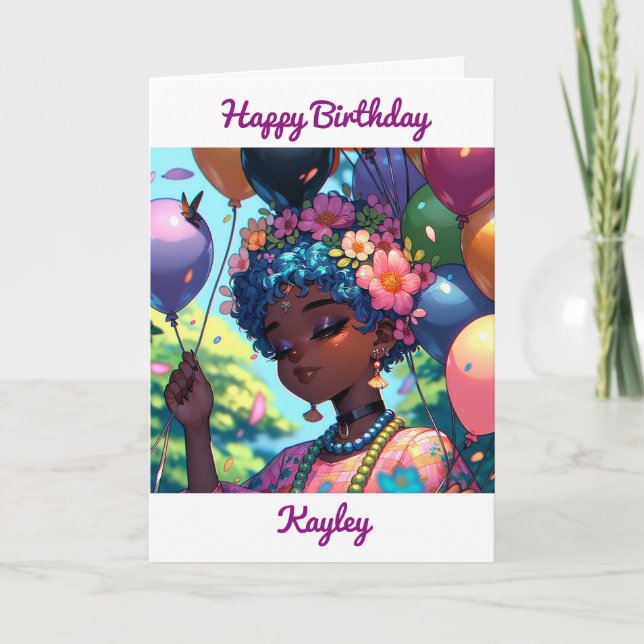 Pretty Black Anime Girl with Birthday Balloons Card (Front)