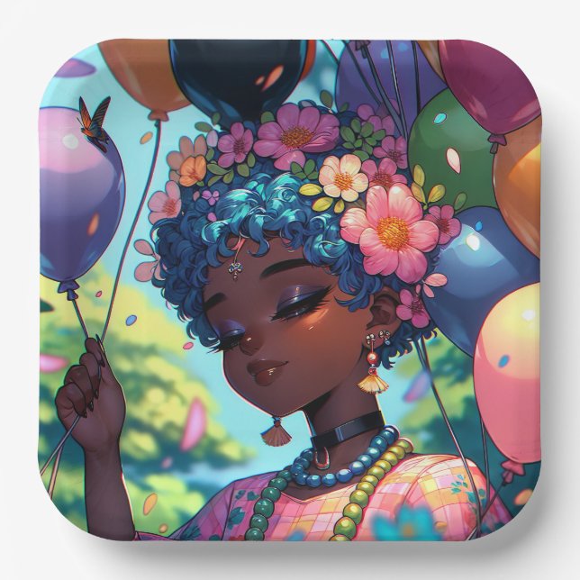 Pretty Black Anime Girl with Birthday  Paper Plate (Front)