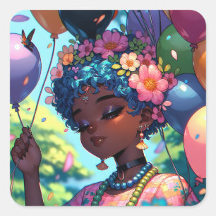 Pretty Black Anime Girl with Birthday  Square Sticker
