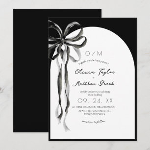 Pretty Black Bow Modern Watercolor Ribbon Wedding Invitation