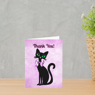 Pretty Black Cat Green Eyes Wearing Pink Bow Thank You Card