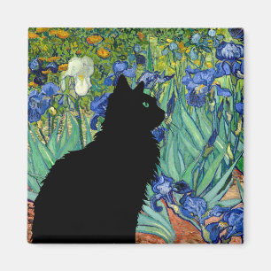 Pretty Black cat in field of Irises on Frig Magnet