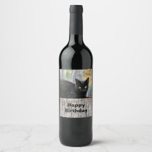 Pretty Black Cat Log Photo Birthday Wine Label