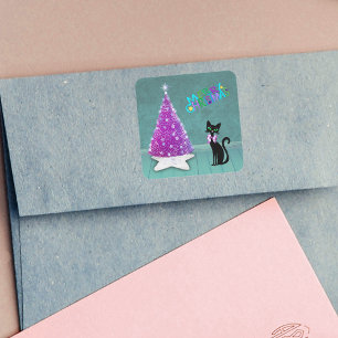 Pretty Black Cat Pink Bow Pink Christmas Tree Teal Square Sticker