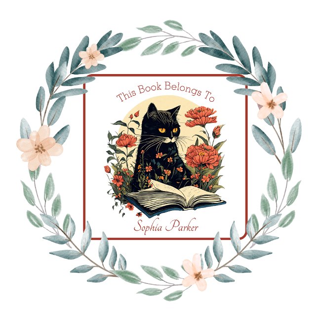 Pretty Black Cat With Book Floral Bookplate Square Sticker (Creator Uploaded)