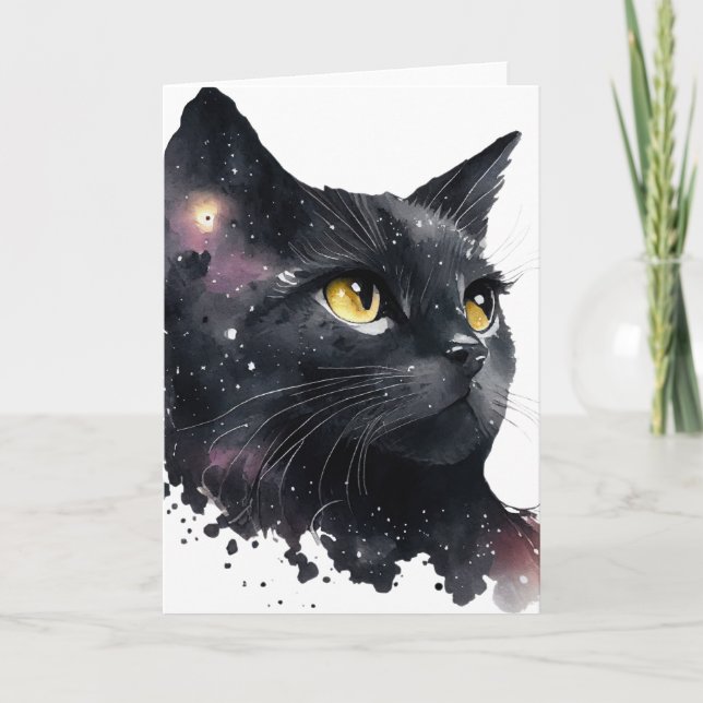 Pretty Black Cosmic Watercolor Cat Card (Front)