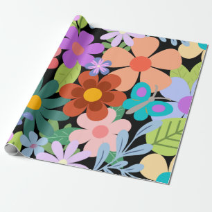 Pretty Black Floral Pattern Wrapping Paper