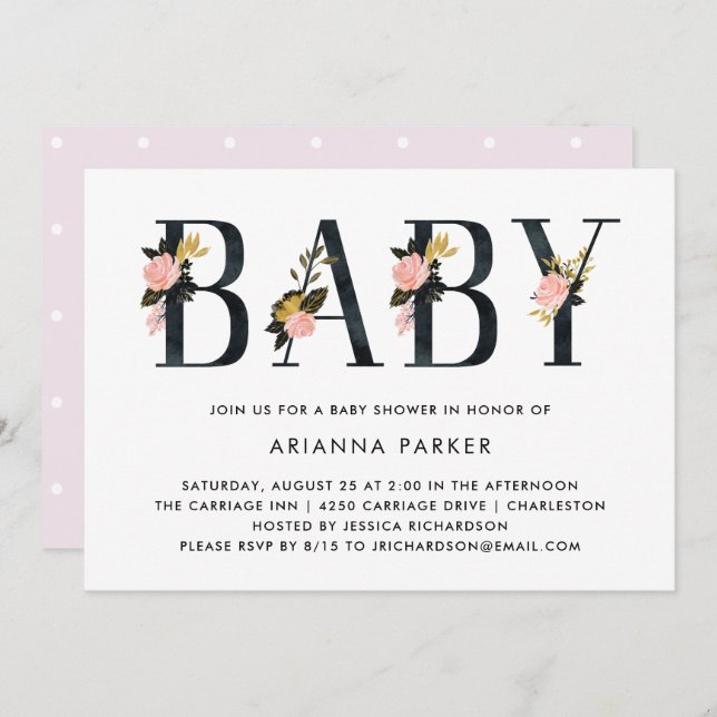 Pretty Black Floral Text | Baby Shower Invitation (Front/Back)