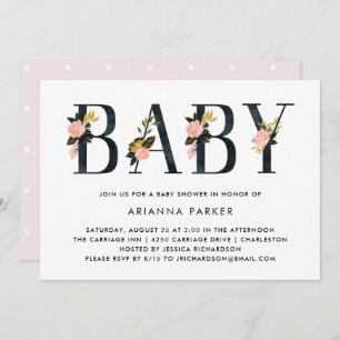 Pretty Black Floral Text Baby Shower Invitation