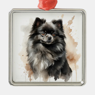 PRETTY BLACK FLUFFY POMERANIAN PUPPY DOG METAL TREE DECORATION