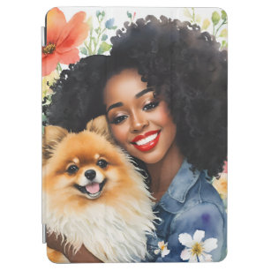 Pretty Black Girl With Pomeranian Pup Floral iPad Air Cover