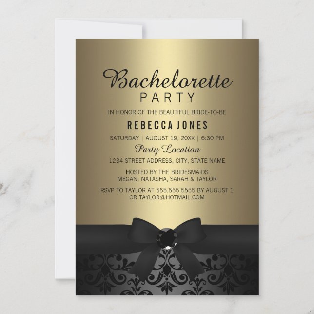 Pretty Black & Gold Bow Bachelorette Party Invite (Front)