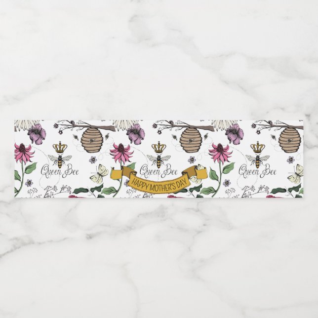 Pretty Black & Gold Queen Bee, Crown & Scroll Water Bottle Label (Single Label)