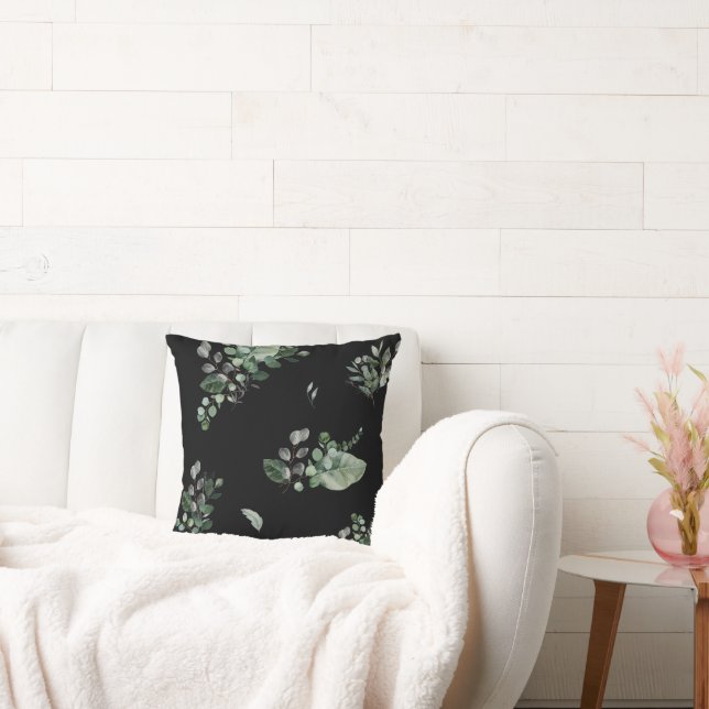 PRETTY BLACK GREEN BOTANICAL PRINT PILLOW   (Couch)