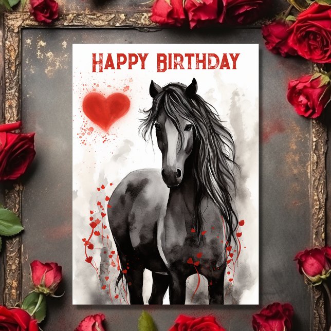 Pretty Black Horse and Hearts Happy Birthday Card (Front - Pretty Black Horse and Hearts Happy Birthday Card
)