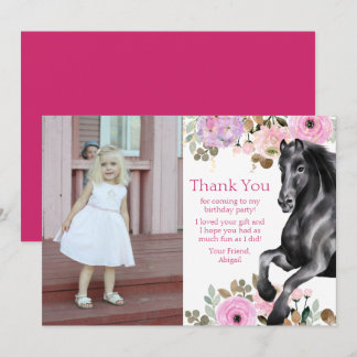 Pretty Black Horse and Pink Flowers Photo Birthday Thank You Card
