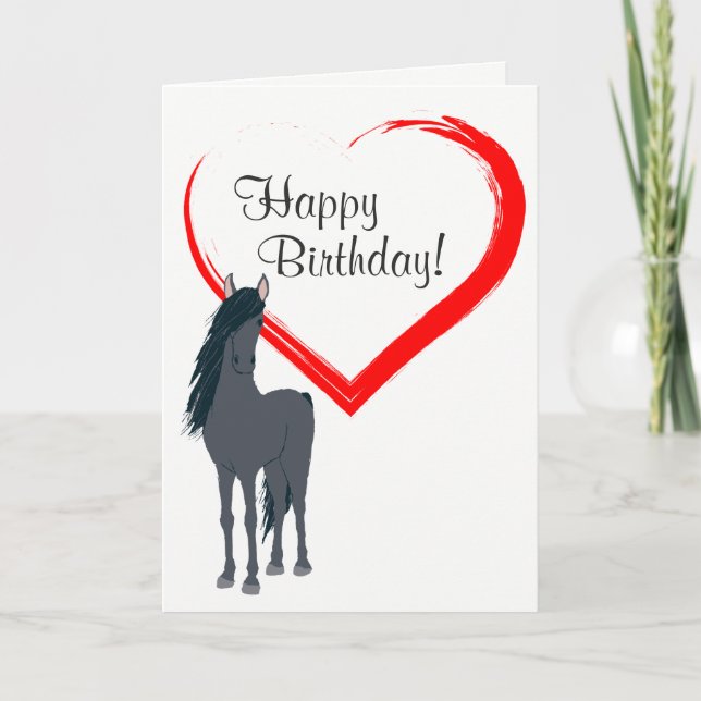 Pretty Black Horse and Red Heart Happy Birthday Card (Front)