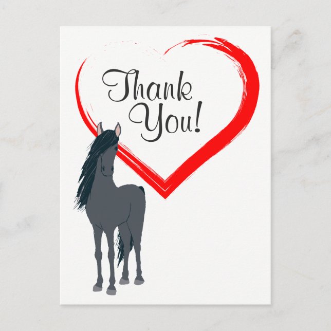 Pretty Black Horse and Red Heart Thank You Postcard (Front)