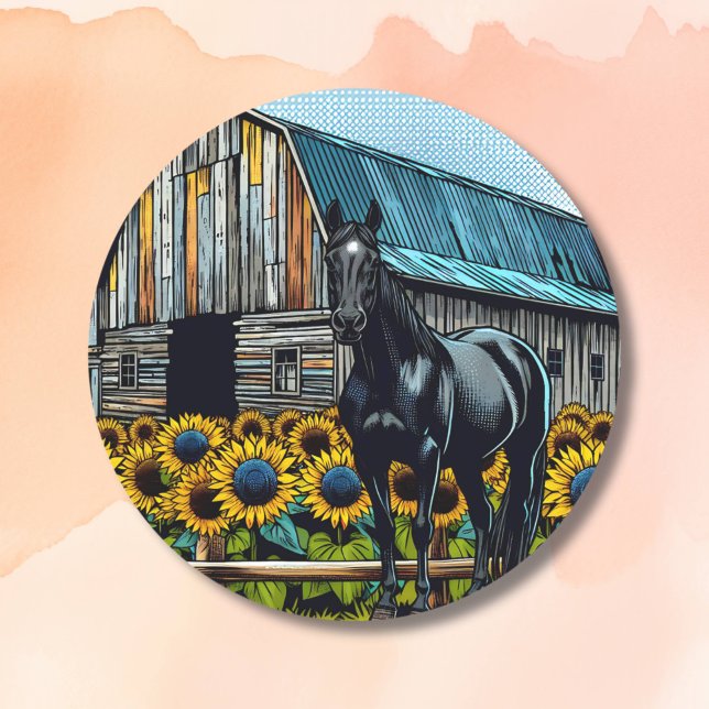 Pretty Black Horse and Rustic Barn with Sunflowers Classic Round Sticker (Creator Uploaded)