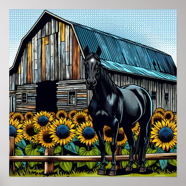 Pretty Black Horse and Rustic Barn with Sunflowers Poster (Front)