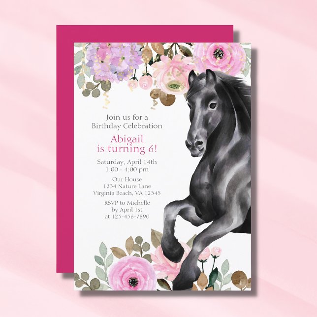 Pretty Black Horse with Pink Flowers Birthday Invitation (Creator Uploaded)