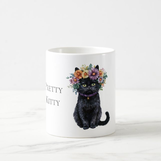 Pretty Black Kitty with Flowers Coffee Mug (Center)