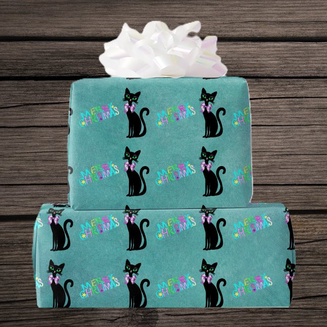 Pretty Black Mid Century Cat Pink Bow Christmas Wrapping Paper (Pretty black mid century style cats colourful Merry Christmas text on teal roll of wrapping paper.)