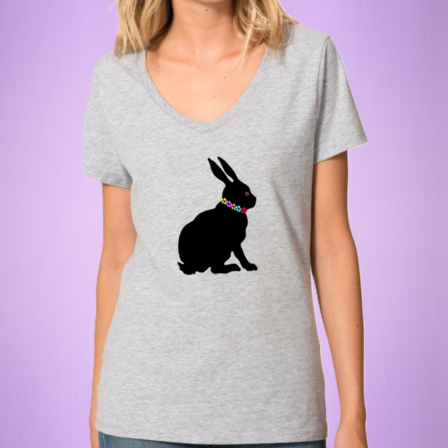 Pretty black Silhouette Bunny Wearing Flowers T-Shirt (Sitting black silhouette rabbit wearing collar of flowers on neck on womans tee shirt for Easter.)