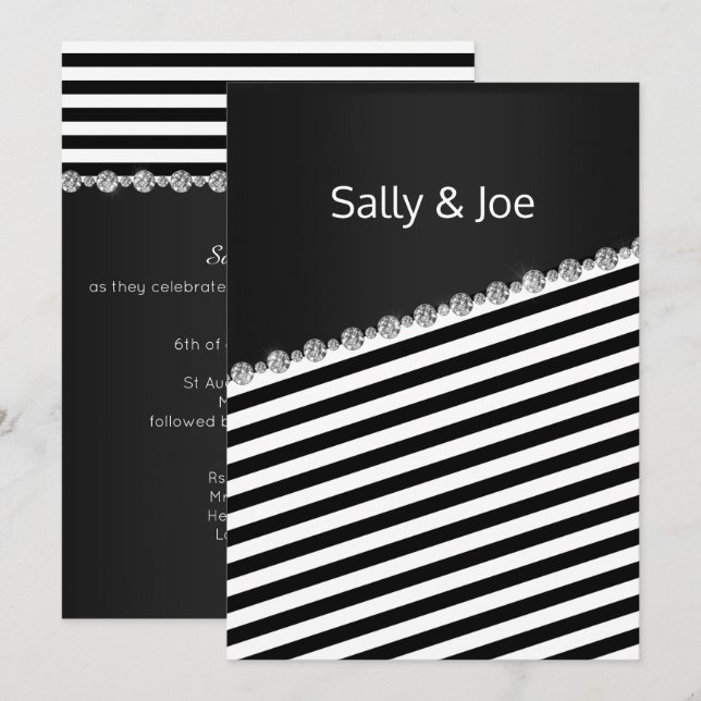 Pretty BLACK STRIPE Diamond Wedding Grey Invitation (Front/Back)