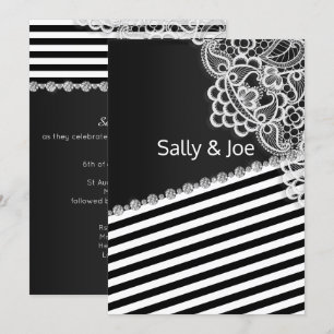 Pretty BLACK STRIPE  Lace Diamond Wedding Grey Invitation