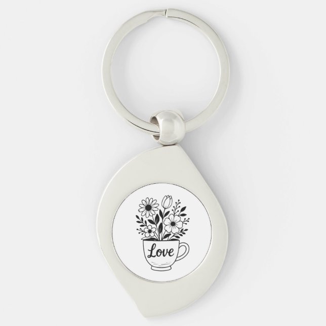 Pretty Black Tea Cup with Flowers Design Key Ring (Front)