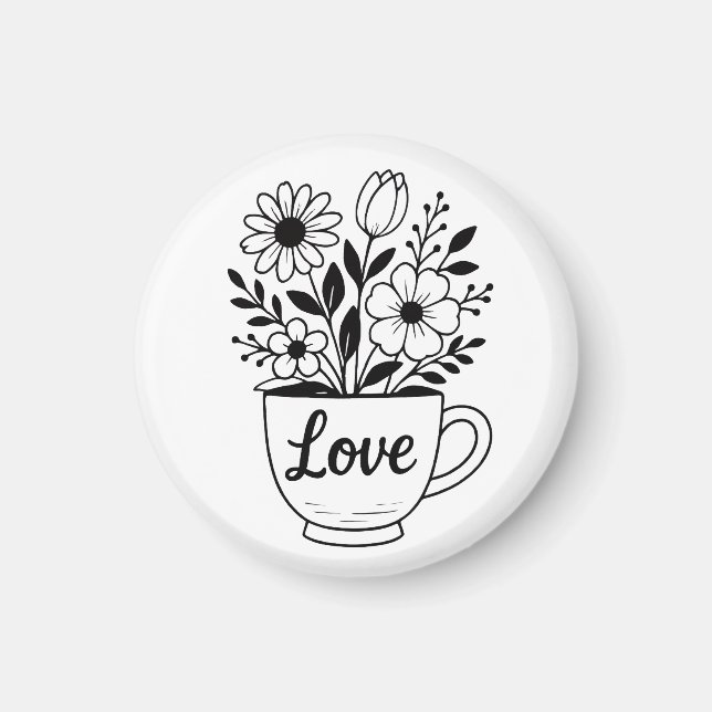 Pretty Black Tea Cup with Flowers Design Magnet (Front)