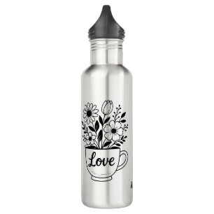 Pretty Black Tea Cup with Flowers Tumbler 710 Ml Water Bottle