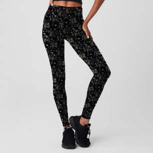 Pretty Black Violet Ditsy FLoral Pattern Girly Leggings