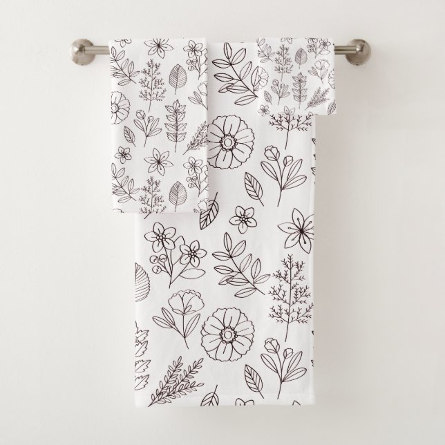 Pretty Black White Floral Botanical Bath Towel Set (Insitu)