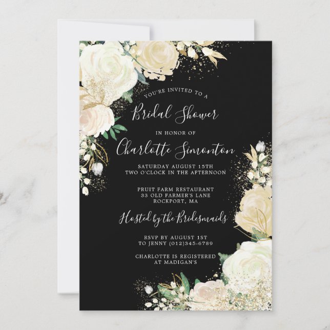 Pretty Black White Rose Floral Bridal Shower Invitation (Front)