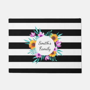 Pretty Black & White Stripes Floral Wreath Text Doormat