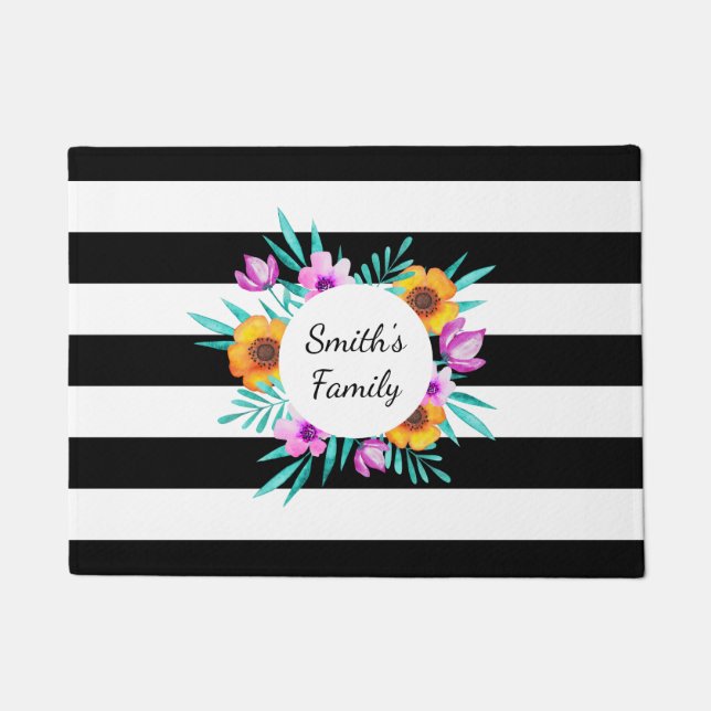 Pretty Black & White Stripes Floral Wreath Text Doormat (Front)