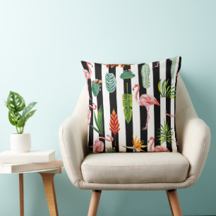 Pretty Black White Stripes with Flamingo Cactus Cushion