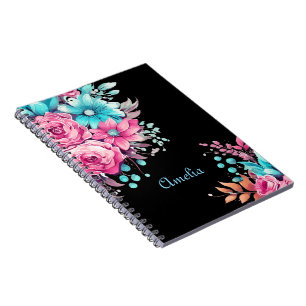 Pretty Black with Pink & Teal Watercolor Florals Notebook