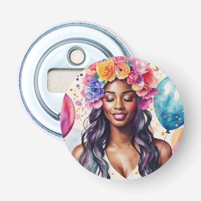 Pretty Black Woman Colourful Balloons Party Bottle Opener (Front)