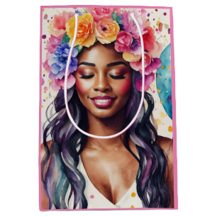 Pretty Black Woman Colourful Balloons Party Medium Gift Bag