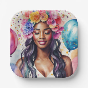 Pretty Black Woman Colourful Balloons Party Paper Plate