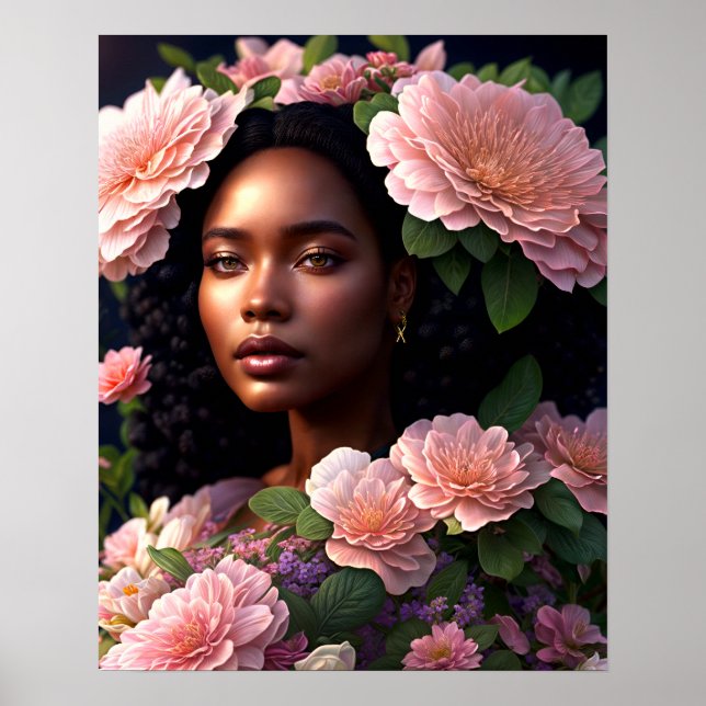 Pretty Black Woman Pink Flowers Digital Art  Poster (Front)