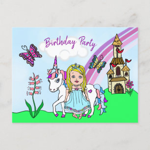 Pretty Blonde Princess and Unicorn Birthday Invite Postcard