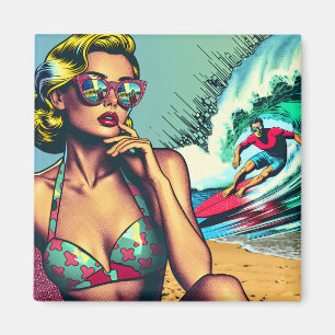 Pretty Blonde Retro Woman and Surfer Guy Magnet