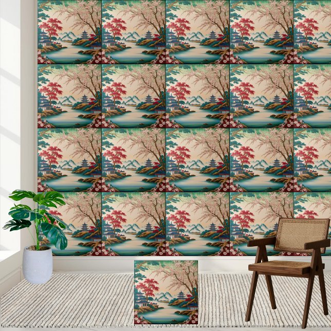 Pretty Blossom & Mountain Chinoiserie Tile Art (Pretty Blossom & Mountain Chinoiserie Tile Art)