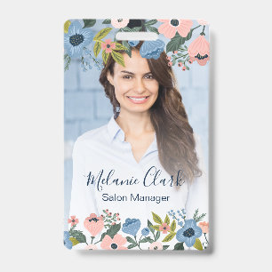 Pretty Blossom Pink & Blue Floral Frame Photo ID Badge
