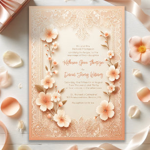 Pretty Blossoming Romantic Lace Peach Wedding  Invitation