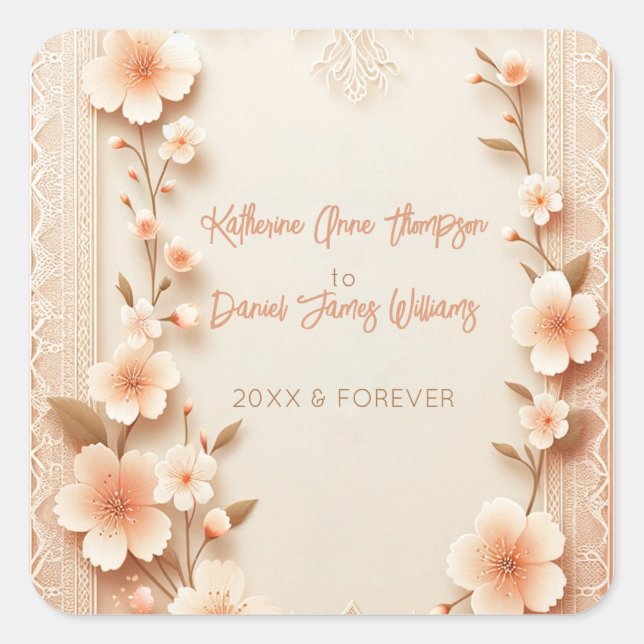 Pretty Blossoming Romantic Lace Peach Wedding Square Sticker (Front)